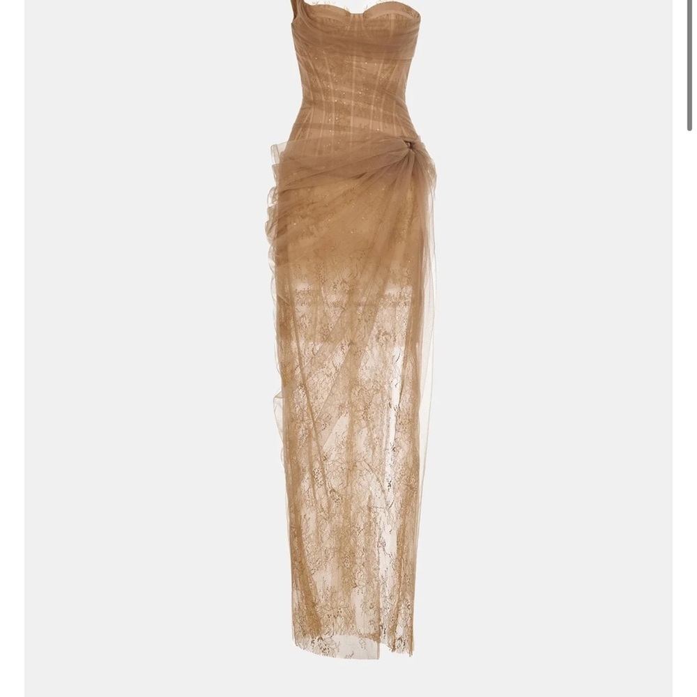 Strapless Tan Lace Gown